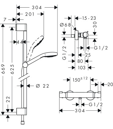 Combi douche VARIO CROMETTA barre 65 cm + Mitigeur Thermostatique