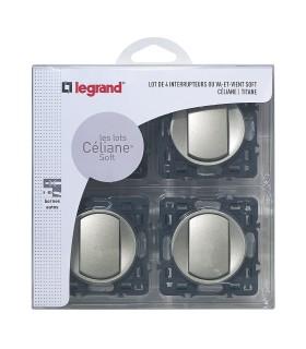Lot de 4 interrupteur ou va-et-vient Céliane enjoliveur Titane