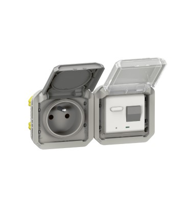 Prise de courant et disjoncteur différentiel Plexo composable gris / Legrand