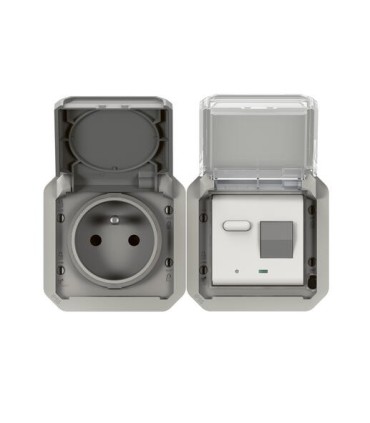 Prise de courant et disjoncteur différentiel Plexo composable gris / Legrand