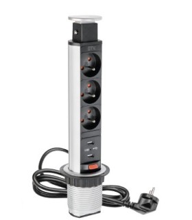 Bloc escamotable 3 prises + 2 ports USB ø 60 mm pour plan de travail