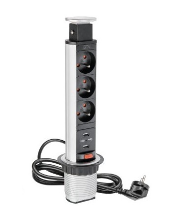 Bloc escamotable 3 prises + 2 ports USB ø 60 mm pour plan de travail