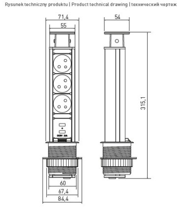 Bloc escamotable 3 prises + 2 ports USB ø 60 mm pour plan de travail