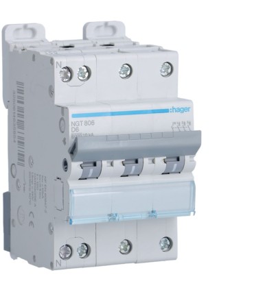 Disjoncteur 6A 3P+N 6-10kA courbe D - 3 modules