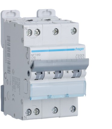 Disjoncteur 10A 3P+N 6-10kA courbe C - 3 modules