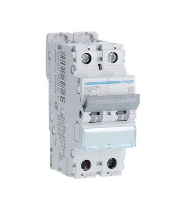 Disjoncteur 25A 2P 6-10kA courbe C 2 modules