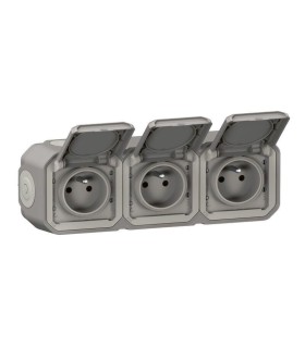Triple prise horizontale avec volet Plexo complet saillie - gris