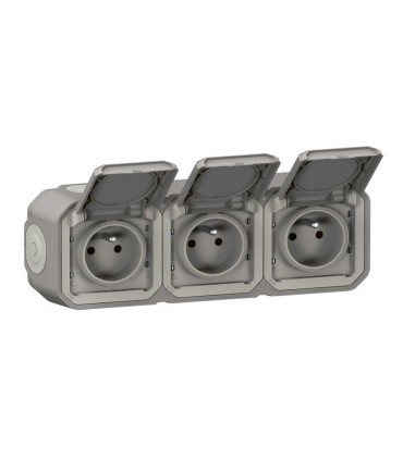 Triple prise horizontale avec volet Plexo complet saillie - gris
