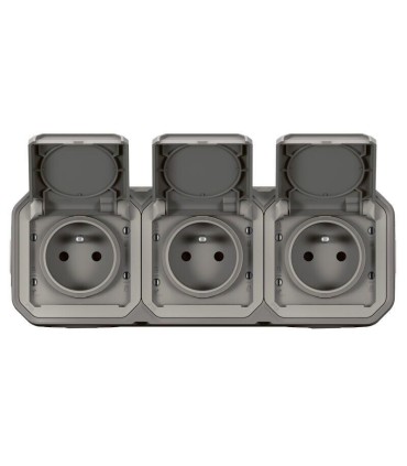 Triple prise horizontale avec volet Plexo complet saillie - gris