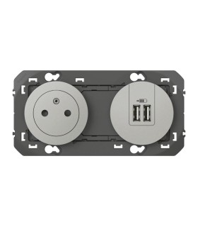 Dooxie Prise 2P+T Surface + chargeur 2 USB Type A- 3A précâblés finition alu