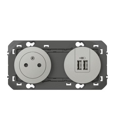 Dooxie Prise 2P+T Surface + chargeur 2 USB Type A- 3A précâblés finition alu