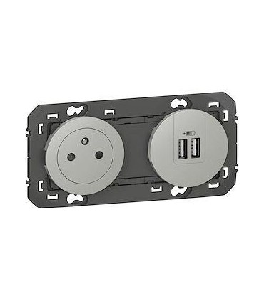 Dooxie Prise 2P+T Surface + chargeur 2 USB Type A- 3A précâblés finition alu