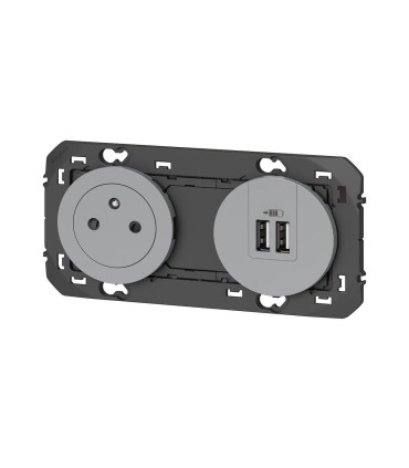 Dooxie Prise 2P+T Surface + chargeur 2 USB Type A- 3A précâblés finition alu