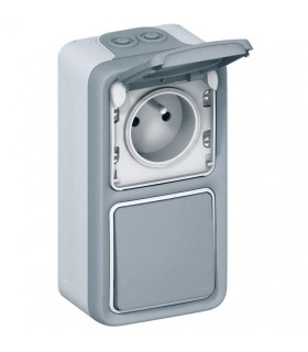 Plexo Interrupteur ou va-et-vient + Prise avec terre apparent vertical Gris