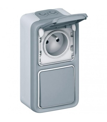 Plexo Interrupteur ou va-et-vient + Prise avec terre apparent vertical Gris