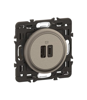 Prise double USB Céliane 15W Type A + Type C Titanium avec support