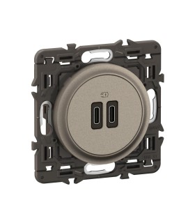 Prise double USB Céliane 20W Power Delivery Type C + Type C Titanium avec support