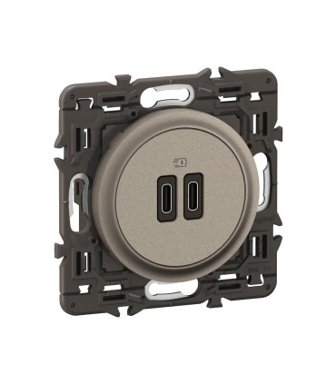 Prise double USB Céliane 20W Power Delivery Type C + Type C Titanium avec support