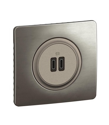 Prise double USB Céliane 20W Power Delivery Type C + Type C Titanium avec support