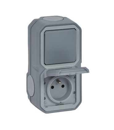 Prise et va-et-vient vertical Plexo complet saillie gris