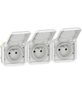 Triple Prise 2P+T Plexo précâblées horizontale composable IP55 16A 250V blanc