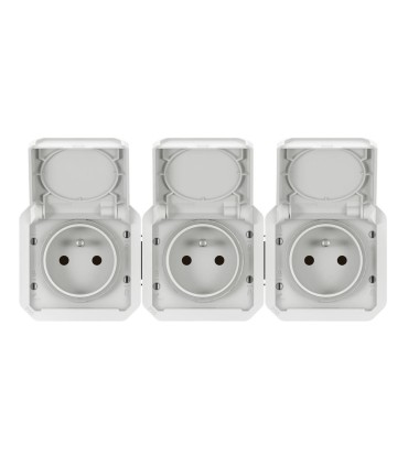 Triple Prise 2P+T Plexo précâblées horizontale composable IP55 16A 250V blanc