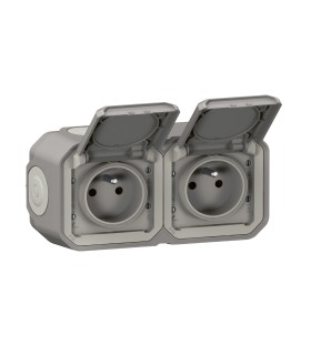 Prise de courant 2x2P+T horizontale Plexo complet saillie gris / Legrand