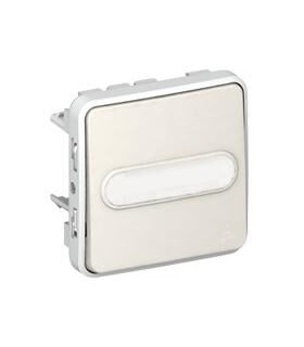 Poussoir inverseur Plexo  lumineux NO+NF avec porte-étiquette composable IP55 enjoliveur blanc et lampe 12V
