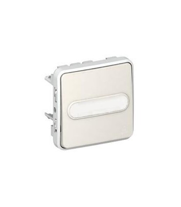 Poussoir inverseur Plexo  lumineux NO+NF avec porte-étiquette composable IP55 enjoliveur blanc et lampe 12V