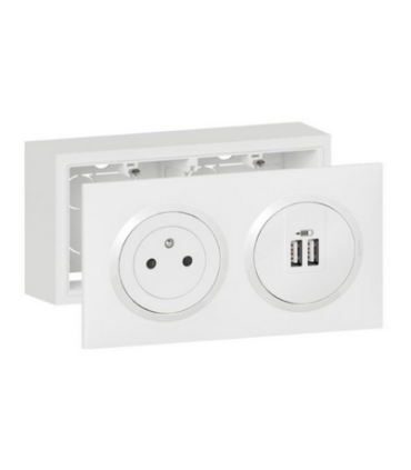 Kit Dooxie prise Surface avec chargeur 2 USB Type A  3A précâblés avec cadre saillie blanc