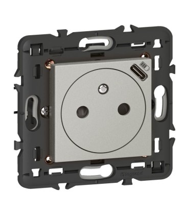 Prise 2P+T Surface avec chargeur USB Type C Mosaic 2 modules avec support alu