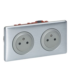 Double prise de courant Céliane Surface avec plaque + boite à encastrer Alu