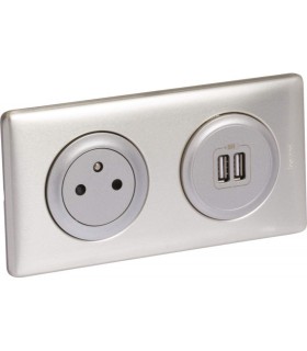 Prise de courant + chargeur 2 USB avec plaque Céliane +boite à encastrer -Titane