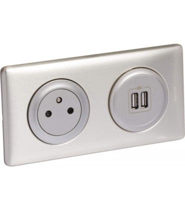 Prise de courant + chargeur 2 USB avec plaque Céliane +boite à encastrer -Titane