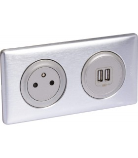 Double usb + Prise Céliane surface 2 P+T ALU avec plaque et boite d'encastrement