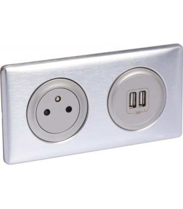 Double usb + Prise Céliane surface 2 P+T ALU avec plaque et boite d'encastrement
