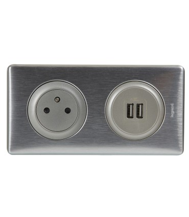 Double usb + Prise Céliane surface 2 P+T ALU avec plaque et boite d'encastrement