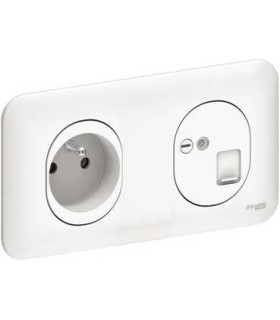 RJ45 CAT5 + Prise 2P+T Schneider Ovalis Horizontal 71mm + Plaque - Blanc
