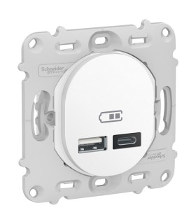 Double prise USB Ovalis type A+C - 5Vcc - 2,4A avec plaque - Blanc