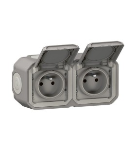 Double prise de courant horizontale avec volet Plexo complet saillie - gris