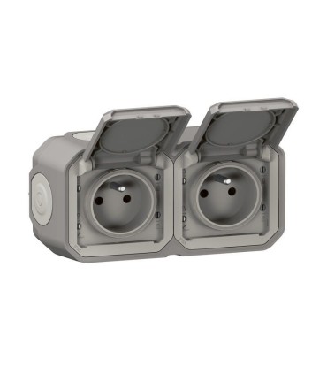 Double prise de courant horizontale avec volet Plexo complet saillie - gris