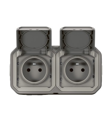 Double prise de courant horizontale avec volet Plexo complet saillie - gris