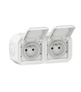Double prise Plexo horizontale avec volet complète saillie - blanc