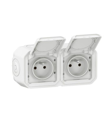 Double prise Plexo horizontale avec volet complète saillie - blanc
