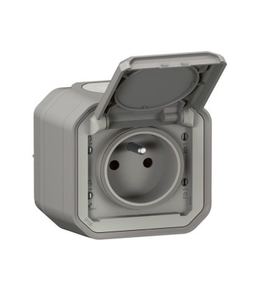 Prise avec volet Plexo 16A 2P+T complète saillie - gris