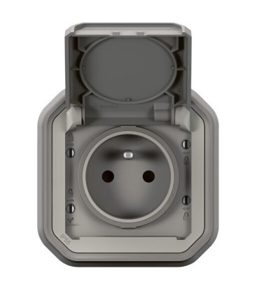 Prise avec volet Plexo 16A complète encastrée avec griffes - gris