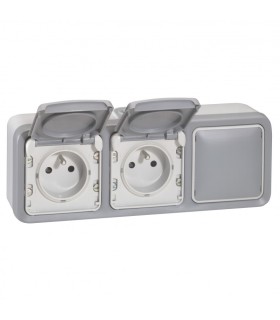 Double prise de courant + 1 obturateur Plexo complet apparent Gris
