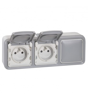 Double prise de courant + 1 obturateur Plexo complet apparent Gris