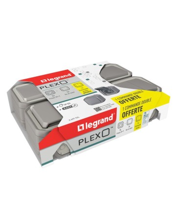 Lot de 3 prises + 2 va-et-vient + commande double Plexo complet saillie - gris