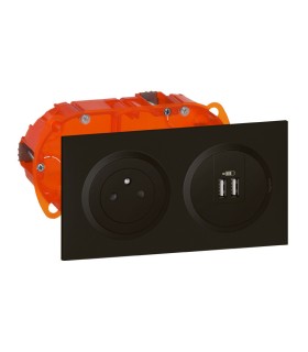 Dooxie kit prise double USB + 2 P+T encastrée noire